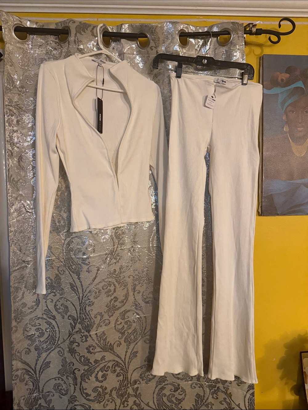 Fashion Nova Cream Zip-Front Top & Wide-Leg Pants Set
